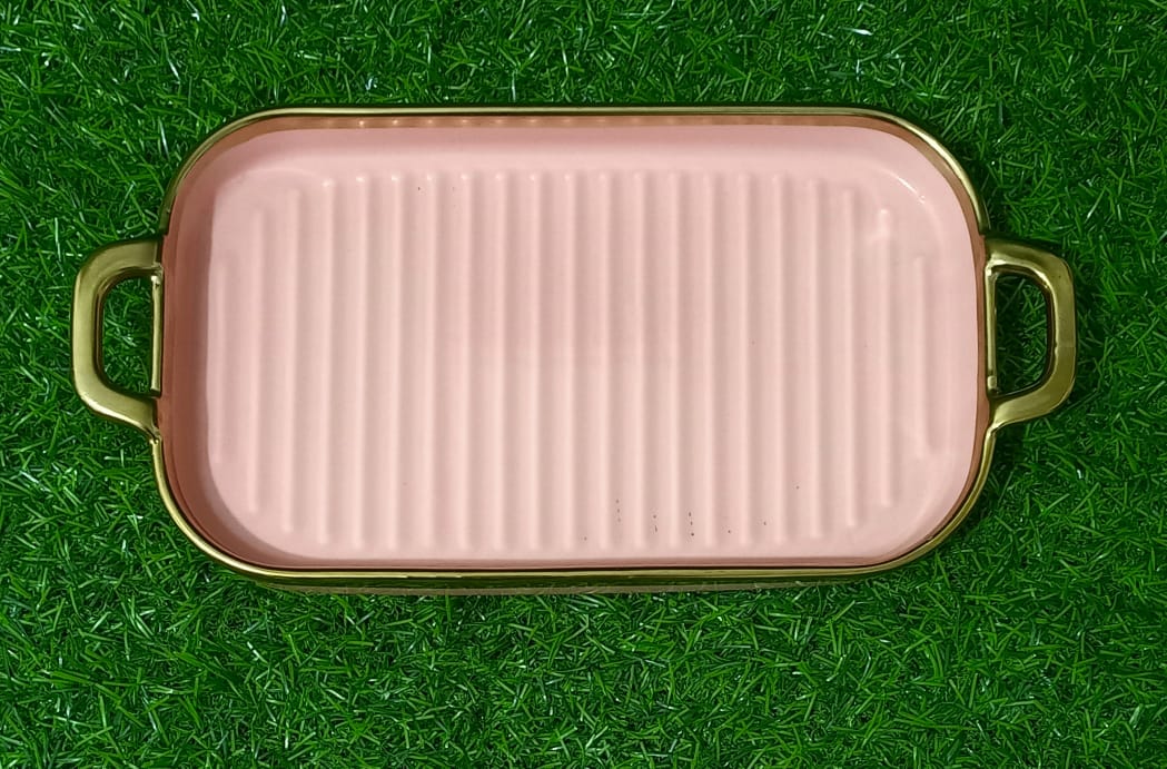 ceramic platter with gold handle pink