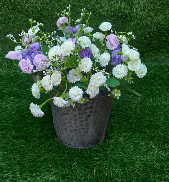 Grey Vase With Purple White Small Flowers