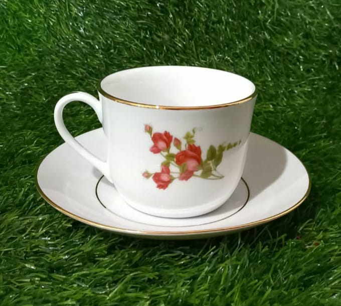 Tea Cup & Saucer Red Flowers