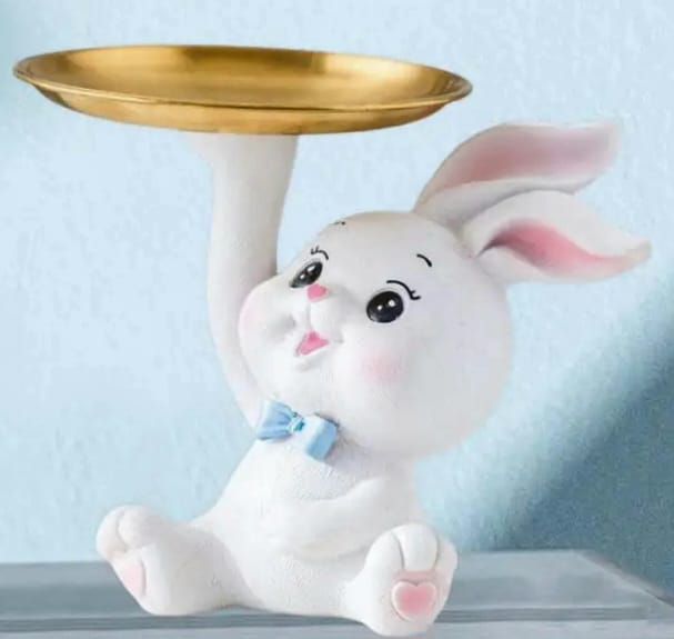 White Bunny Stand With Gold Plate