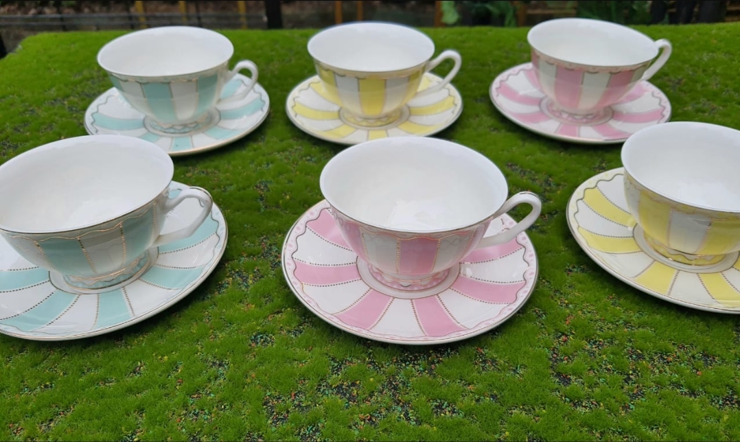 Cups - Diameter : 10 cm 
               Height     : 6 cm 
Saucer - Diameter : 15 cm